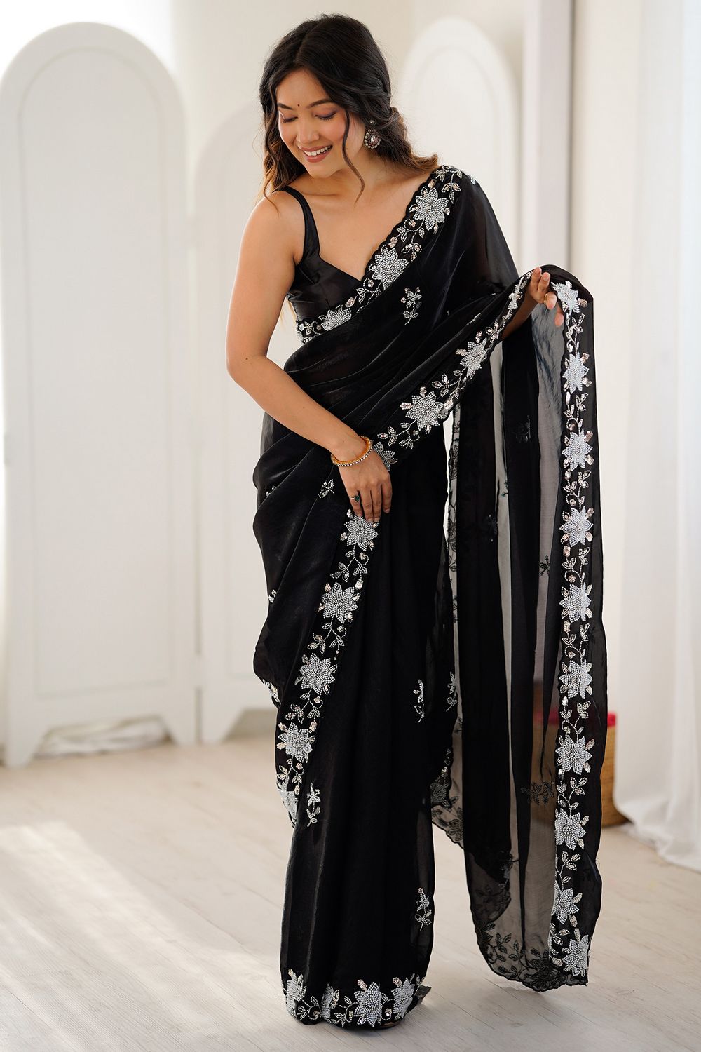 Aylani Black Satin Beads Embellished Ready To Wear Saree