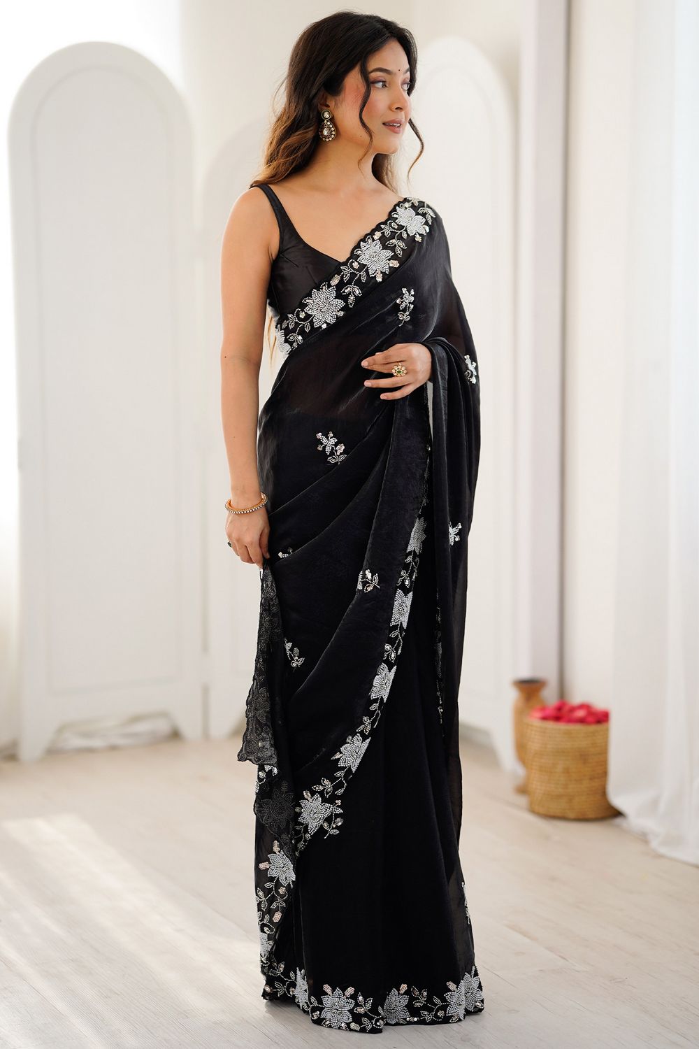 Aylani Black Satin Beads Embellished Ready To Wear Saree