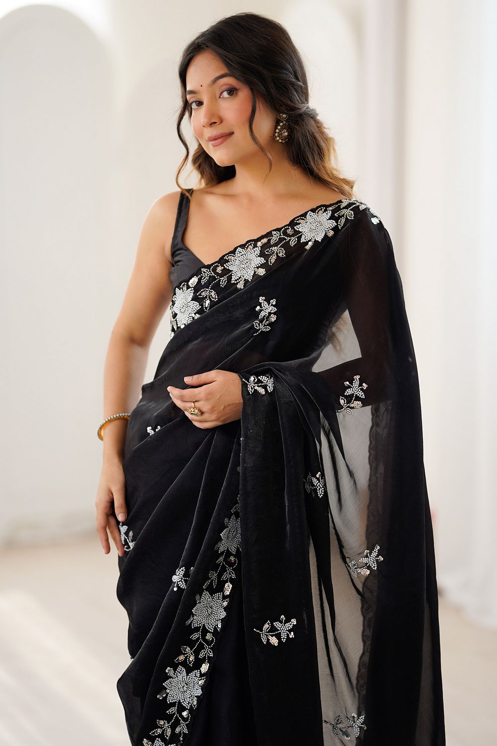Aylani Black Satin Beads Embellished Ready To Wear Saree