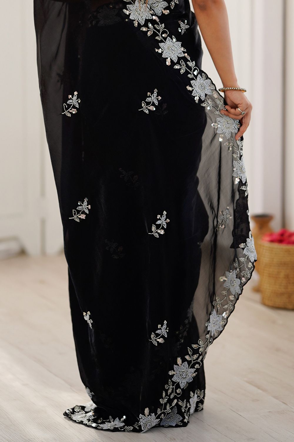 Aylani Black Satin Beads Embellished Ready To Wear Saree