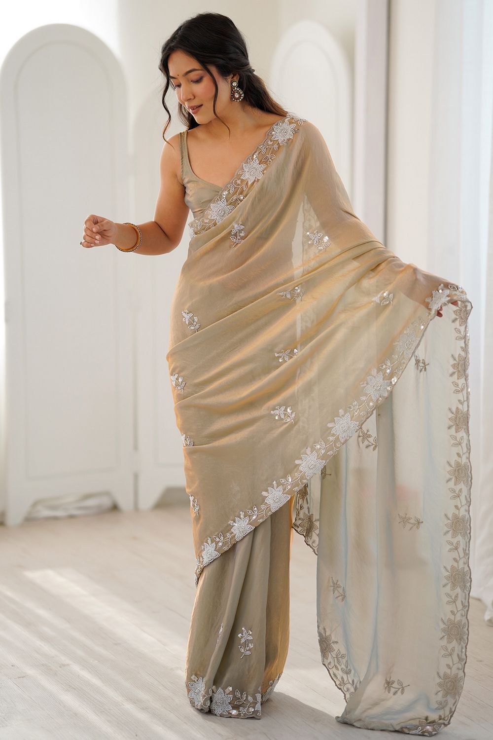 Aylani Beige Satin Beads Embellished Ready To Wear Saree