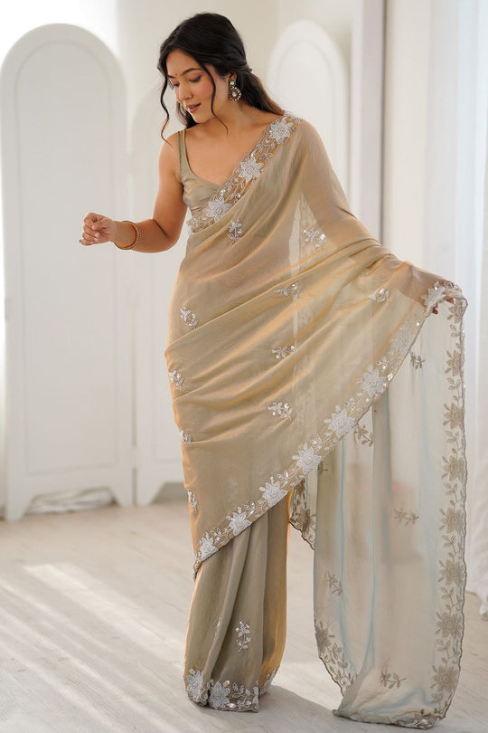 Aylani Beige Satin Beads Embellished Ready To Wear Saree