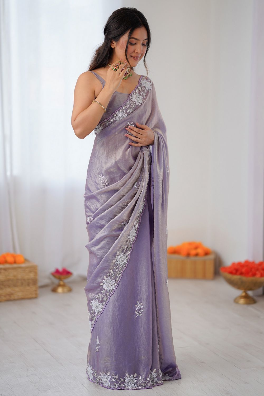 Aylani Lavender Satin Beads Embellished Ready To Wear Saree
