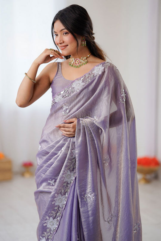 Aylani Lavender Satin Beads Embellished Ready To Wear Saree