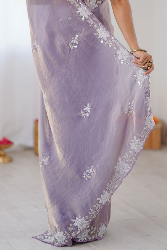 Aylani Lavender Satin Beads Embellished Ready To Wear Saree