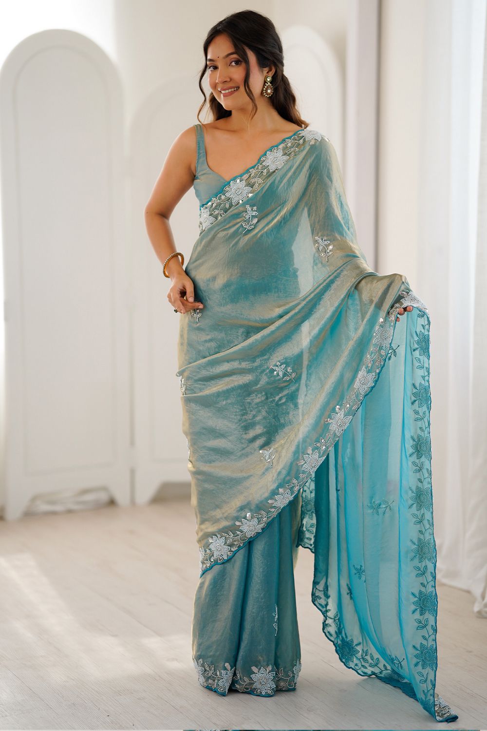 Aylani Light Blue Satin Beads Embellished Ready To Wear Saree