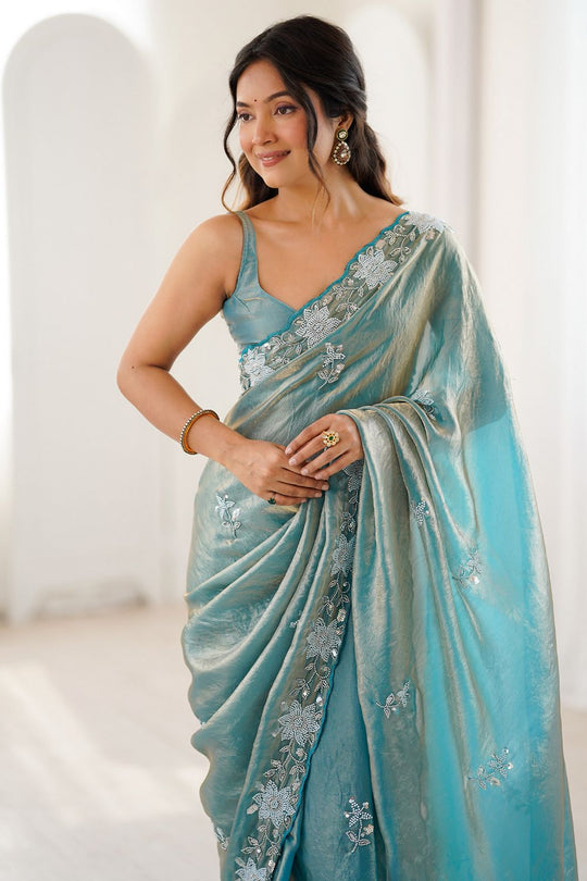 Aylani Light Blue Satin Beads Embellished Ready To Wear Saree