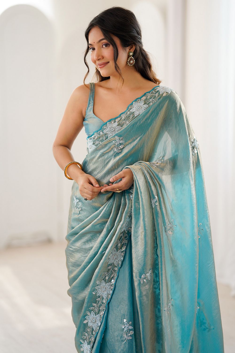 Aylani Light Blue Satin Beads Embellished Ready To Wear Saree