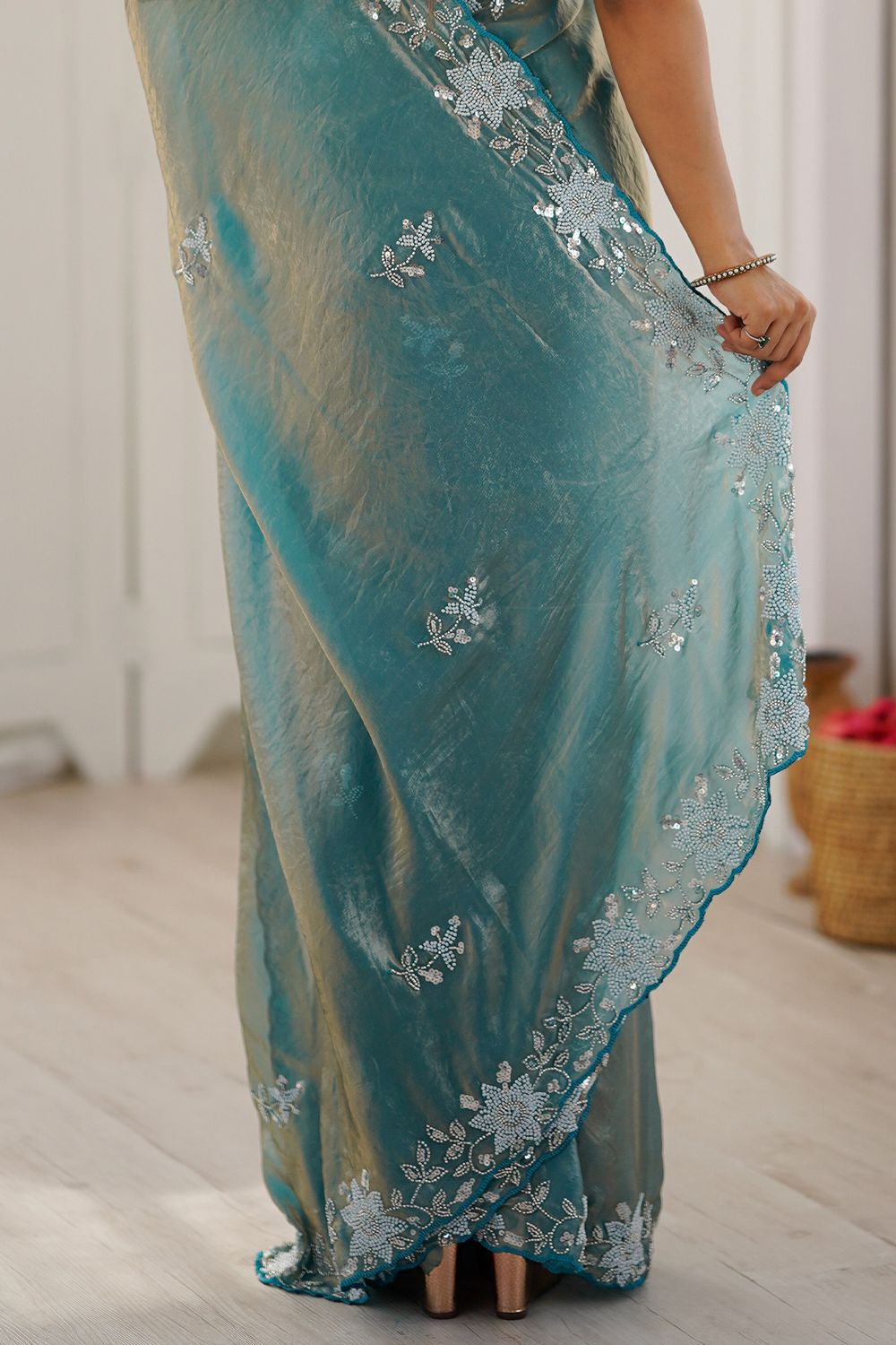 Aylani Light Blue Satin Beads Embellished Ready To Wear Saree