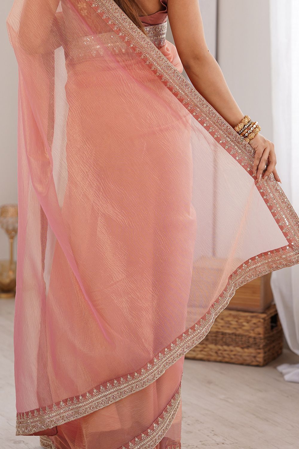 Piya Peach Georgette Beads Embellished Ready To Wear Saree