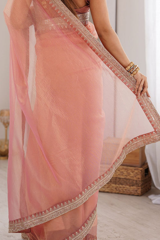 Piya Peach Georgette Beads Embellished Ready To Wear Saree