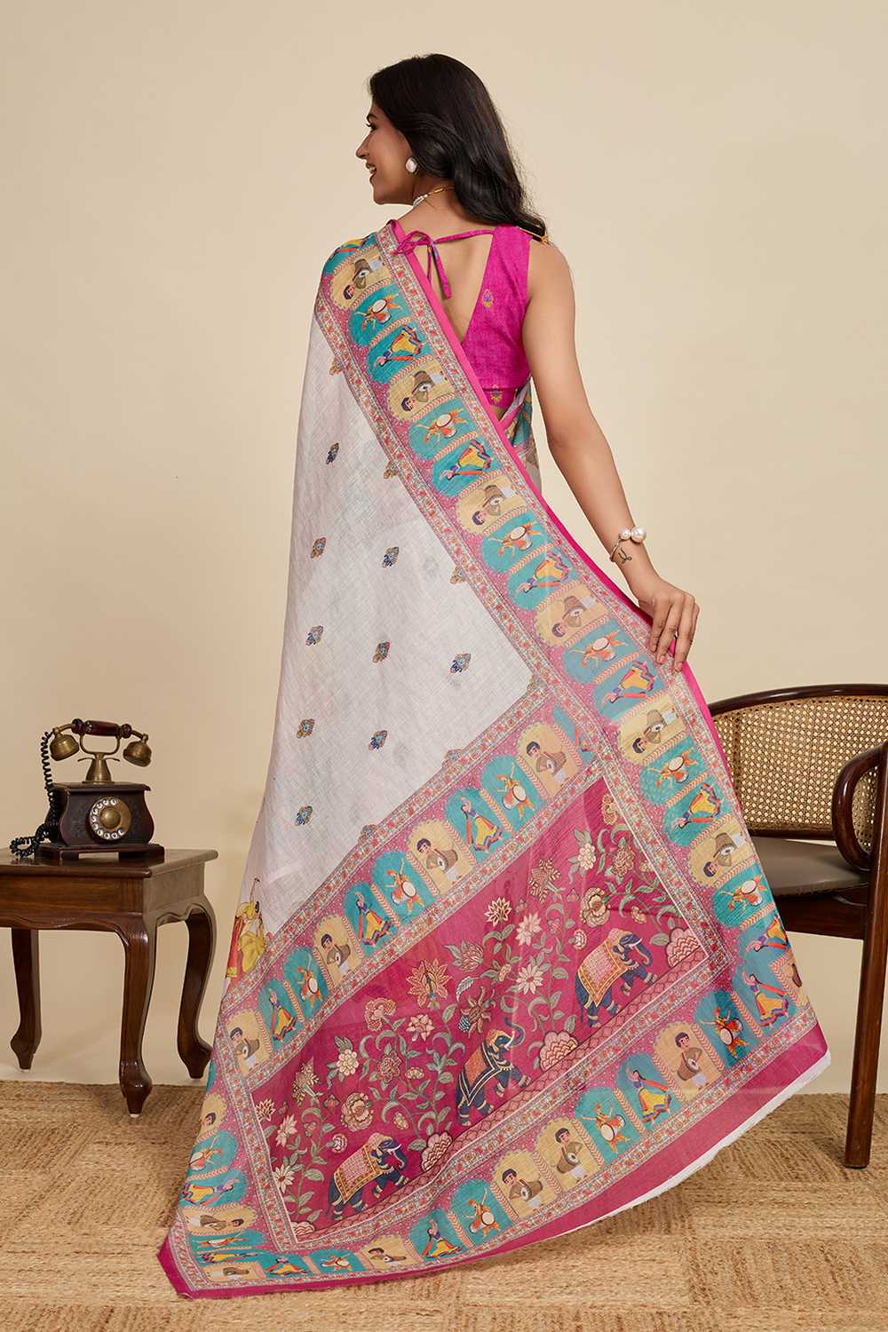 Ines Off White Printed Design Linen Saree Ready to Wear One Minute Saree