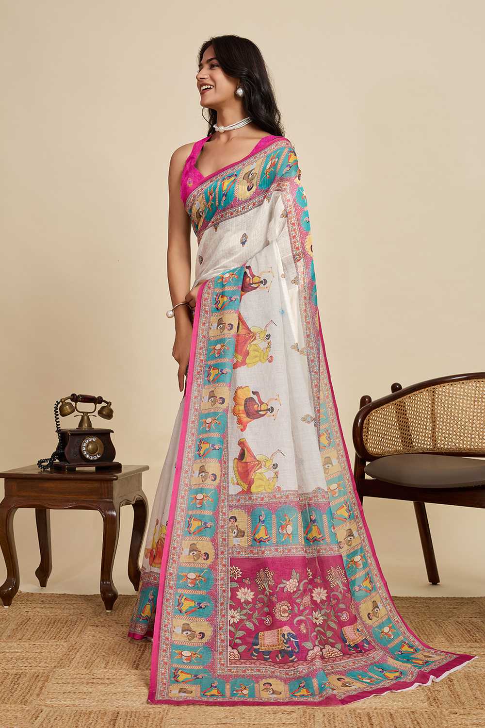 Ines Off White Printed Design Linen Saree Ready to Wear One Minute Saree