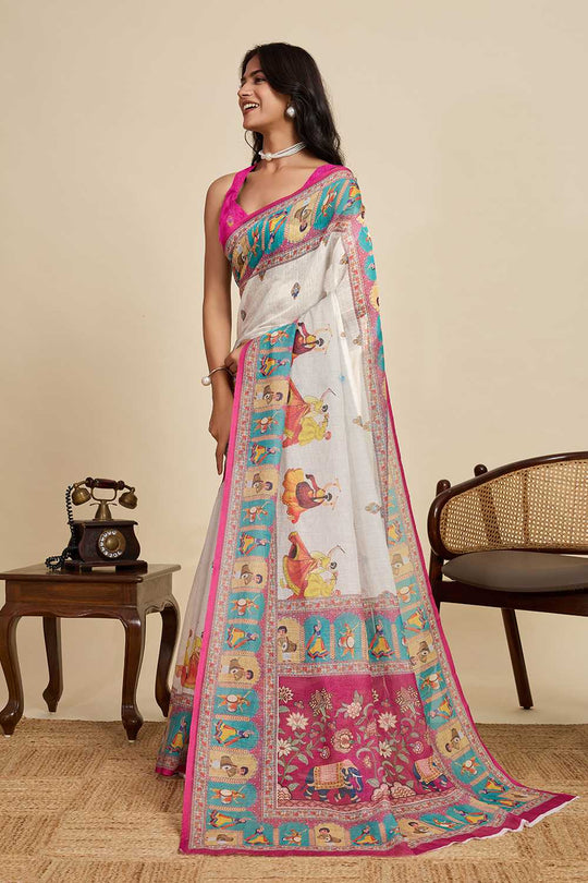 Ines Off White Printed Design Linen Saree Ready to Wear One Minute Saree