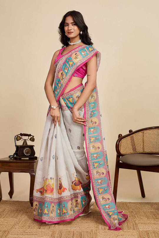 Ines Off White Printed Design Linen Saree Ready to Wear One Minute Saree