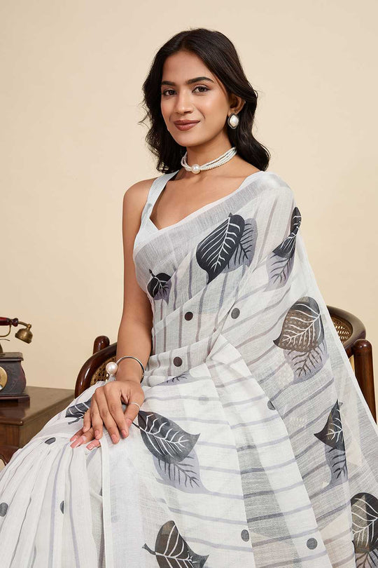 Kabira Off White Linen Saree with Printed Design Ready to Wear One Minute Saree