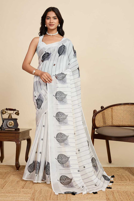 Kabira Off White Linen Saree with Printed Design Ready to Wear One Minute Saree