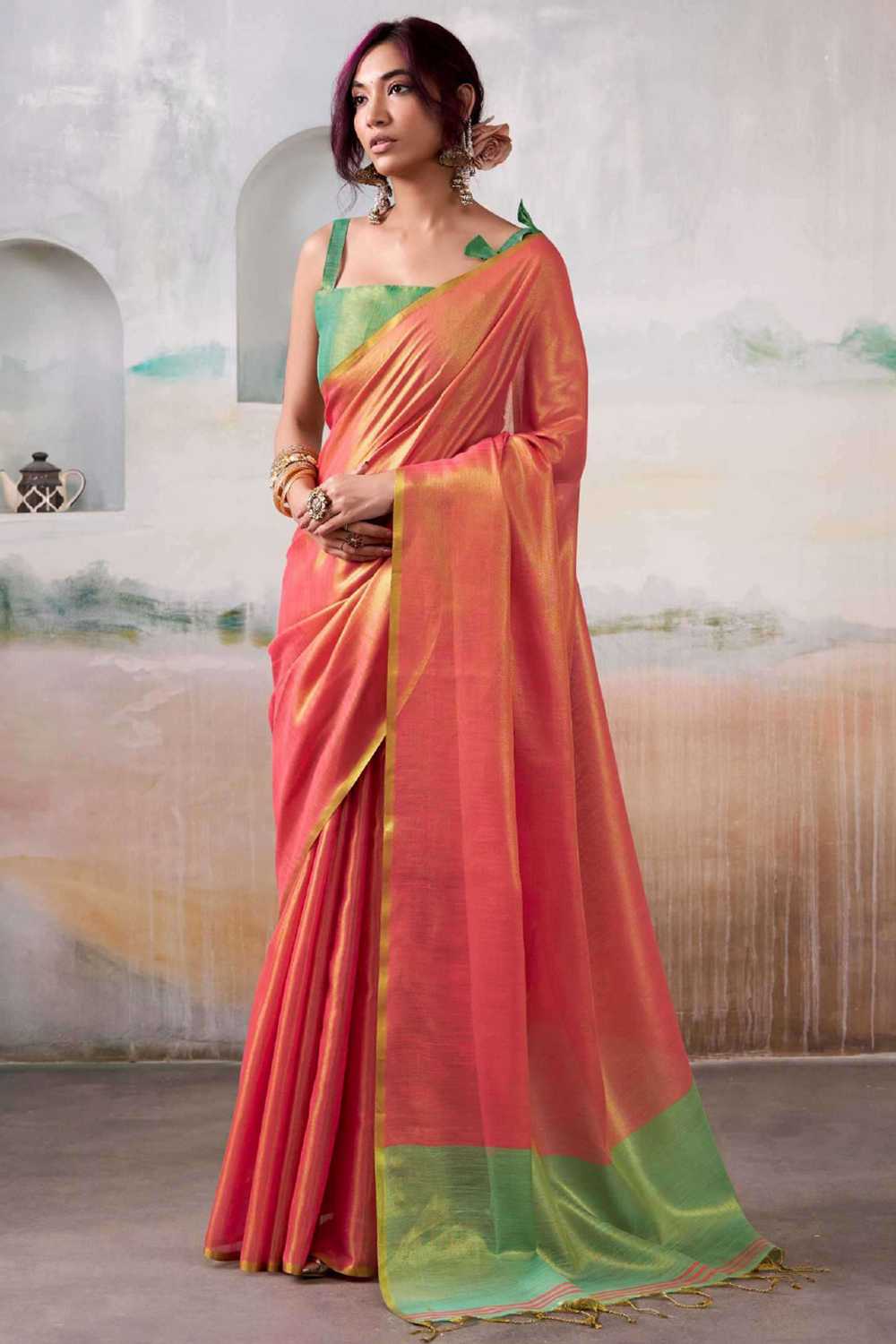Marisol Peach Tissue Saree with Solid Design Ready to Wear One Minute Saree