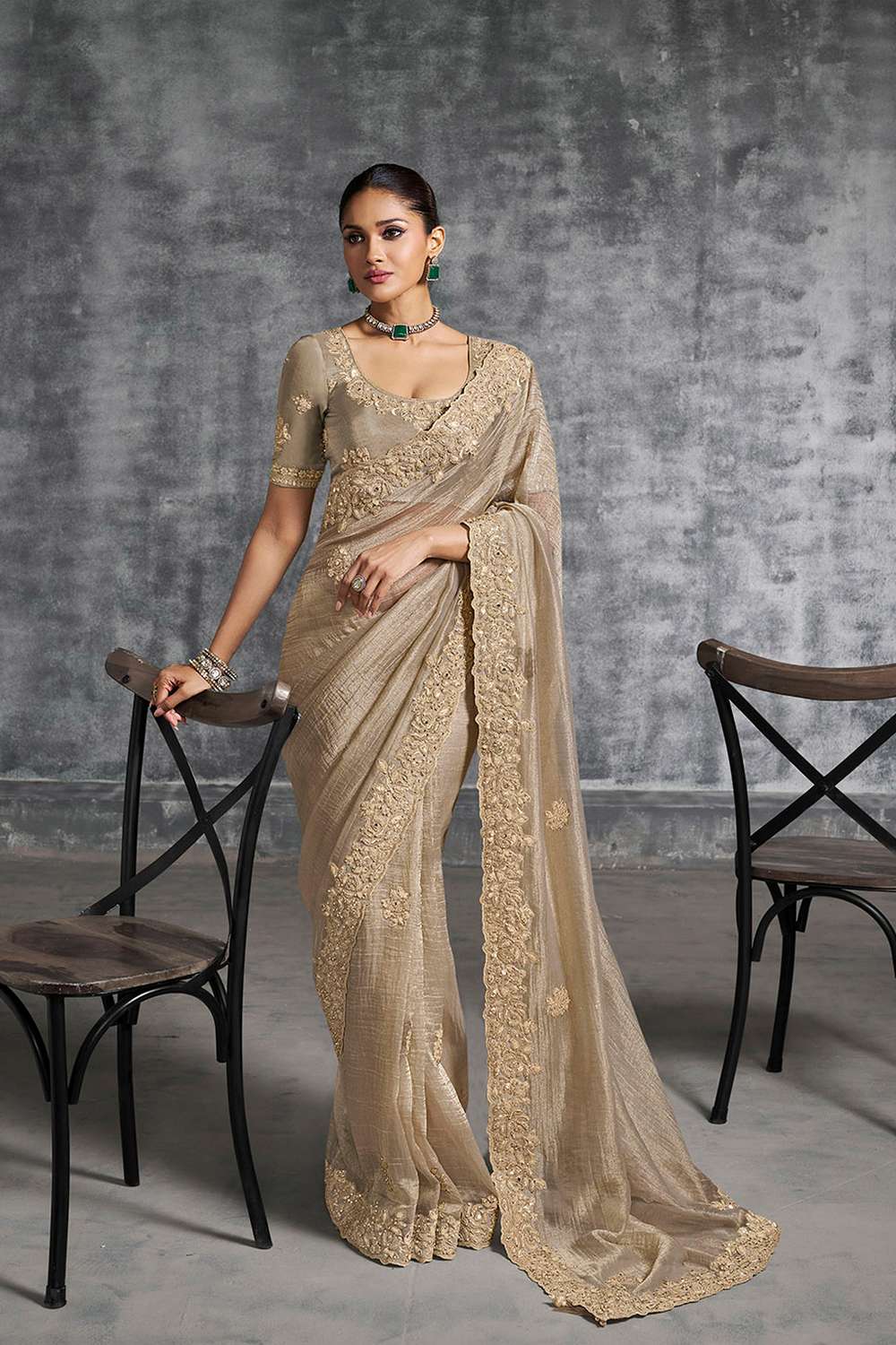 Meira Champagne Gold Tissue Saree with Floral Embroidery Ready to Wear One Minute Saree