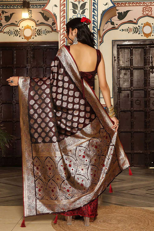 Viola Wine Silk Blend Saree with Woven Design Ready to Wear One Minute Saree