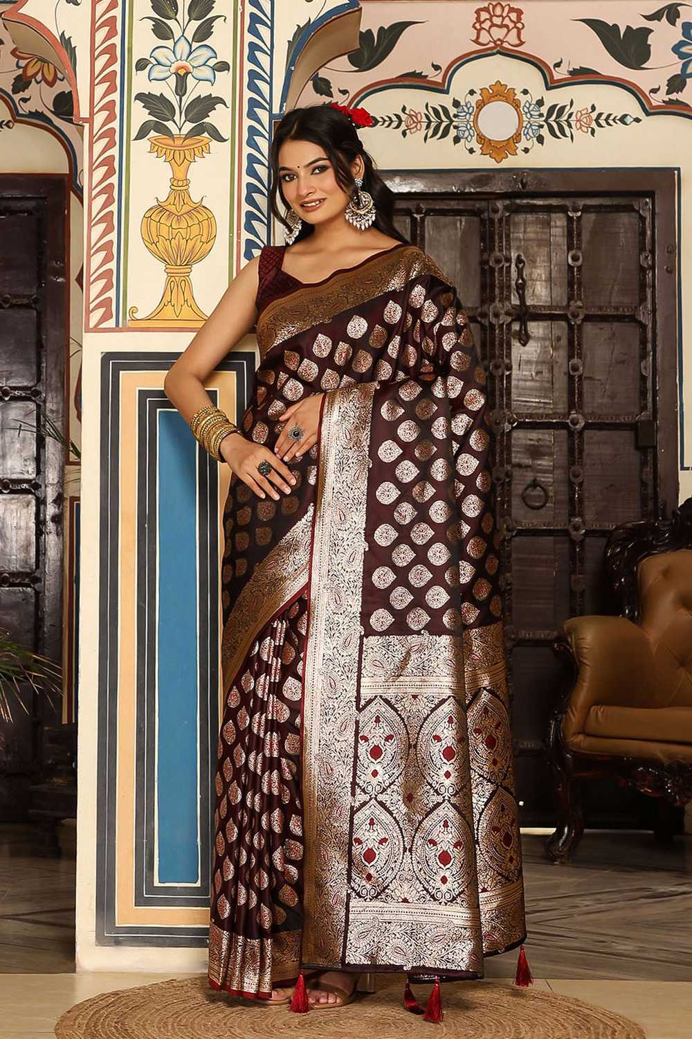 Viola Wine Silk Blend Saree with Woven Design Ready to Wear One Minute Saree