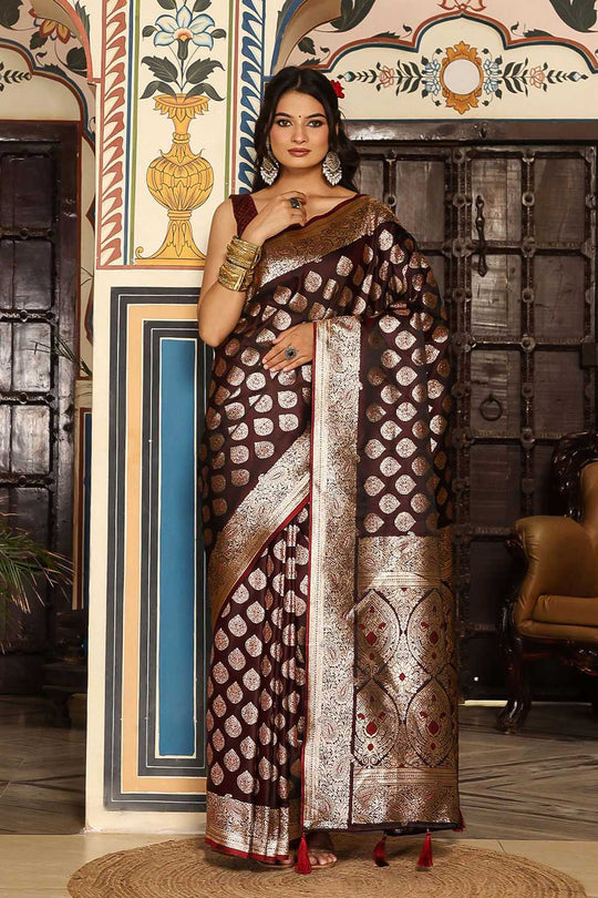 Viola Wine Silk Blend Saree with Woven Design Ready to Wear One Minute Saree
