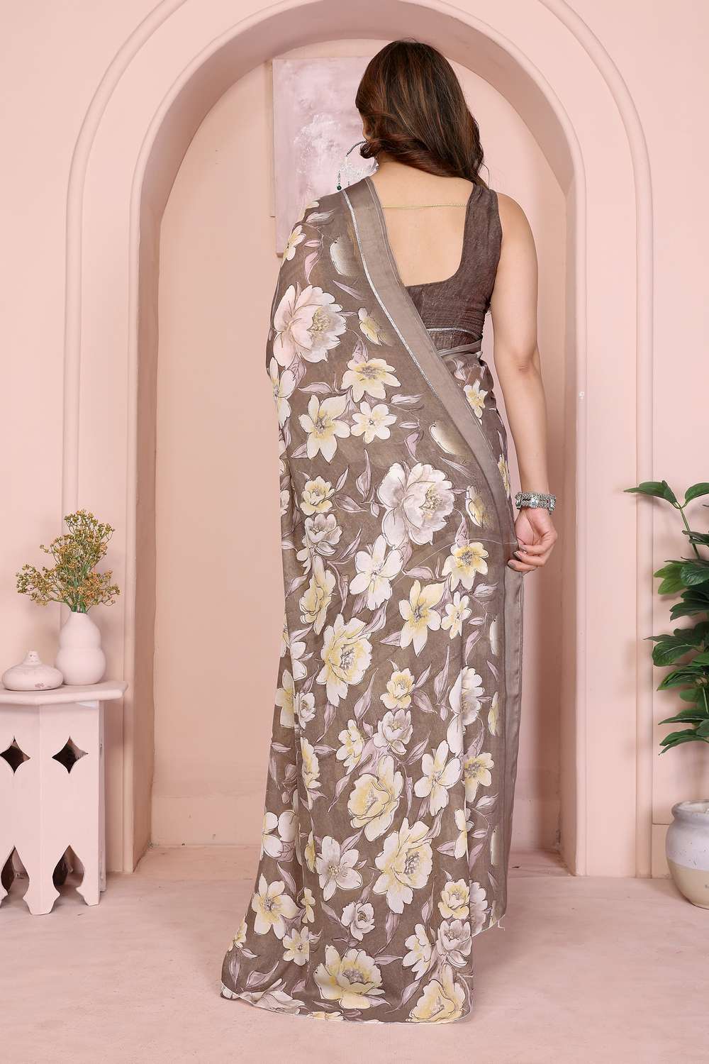 Brooke Brown Satin Saree with Floral Print Ready to Wear One Minute Saree