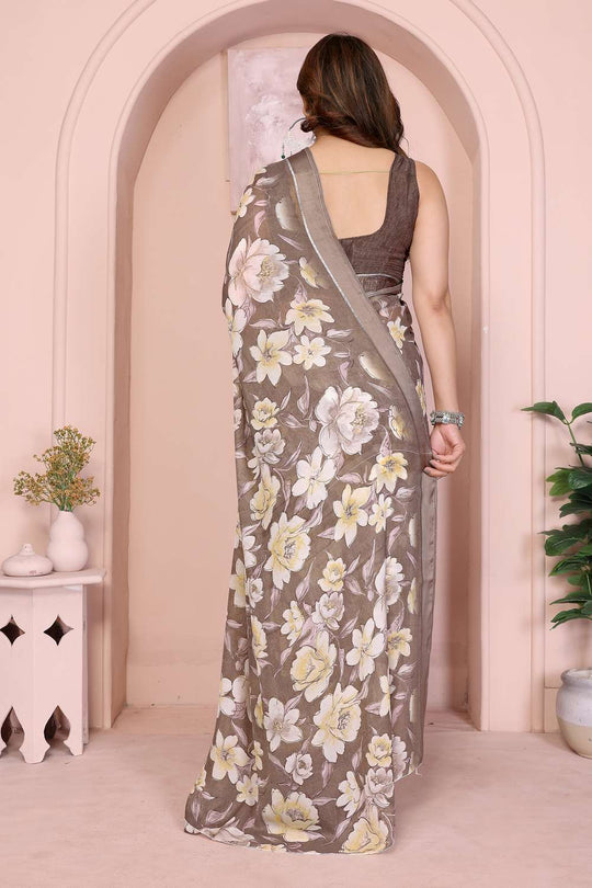 Brooke Brown Satin Saree with Floral Print Ready to Wear One Minute Saree