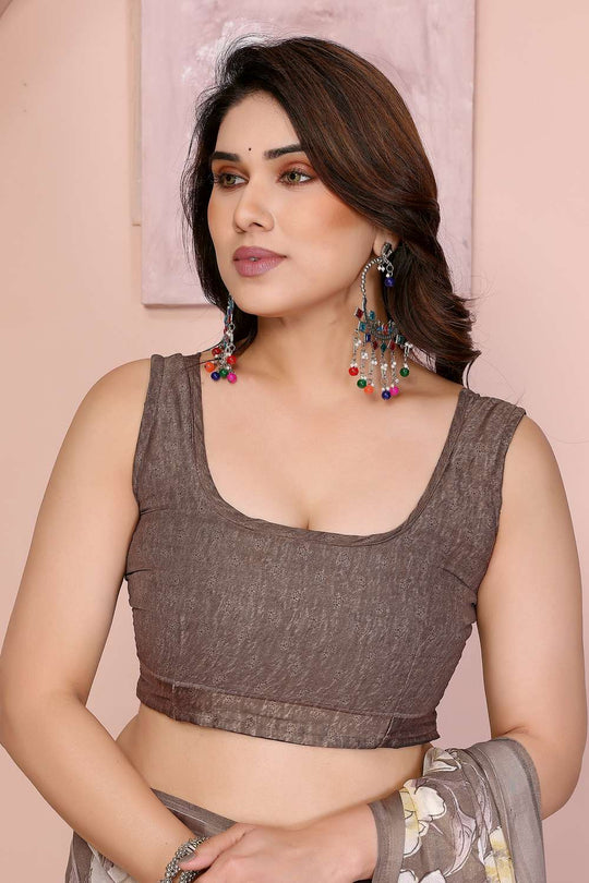 Brooke Brown Satin Saree with Floral Print Ready to Wear One Minute Saree