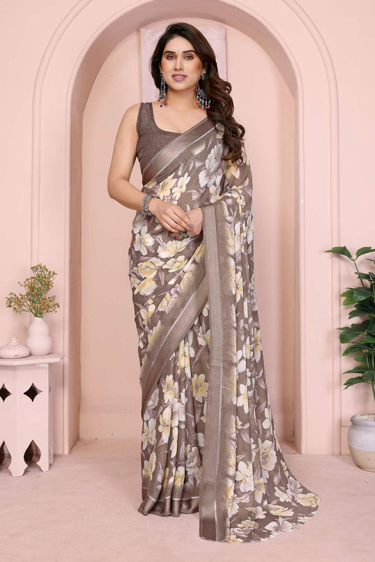 Brooke Brown Satin Saree with Floral Print Ready to Wear One Minute Saree