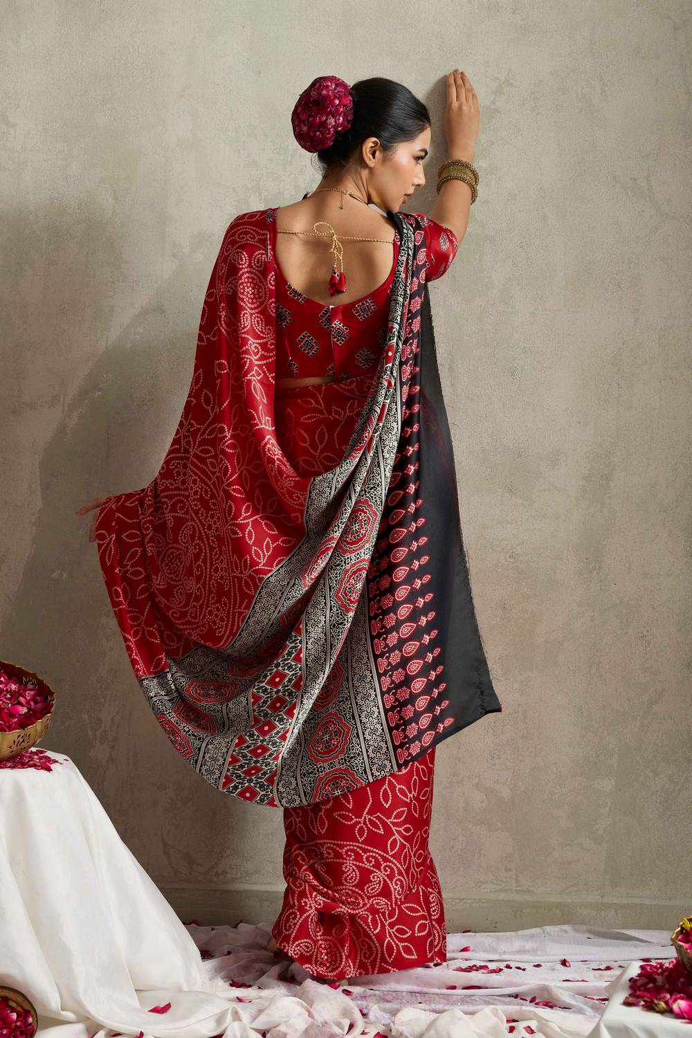 Celeste Red Satin Saree with Bandhani Print Ready to Wear One Minute Saree