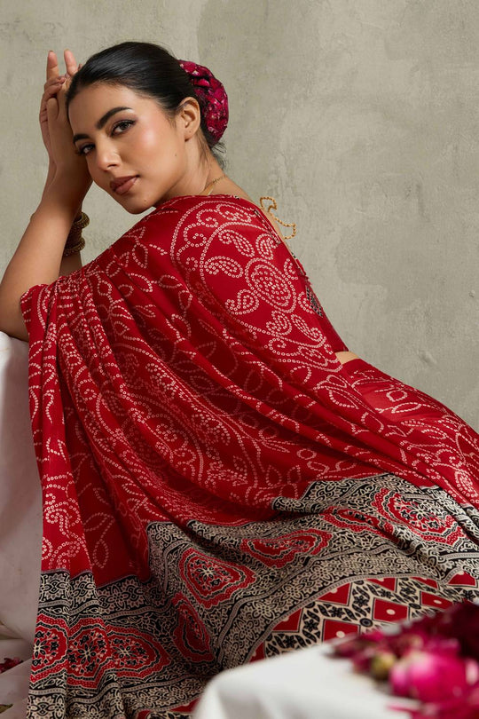 Celeste Red Satin Saree with Bandhani Print Ready to Wear One Minute Saree
