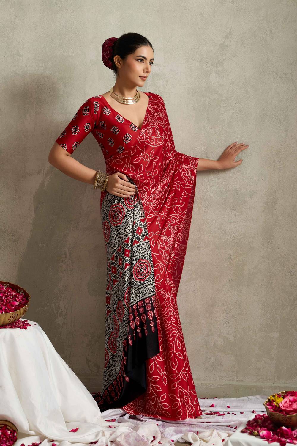 Celeste Red Satin Saree with Bandhani Print Ready to Wear One Minute Saree