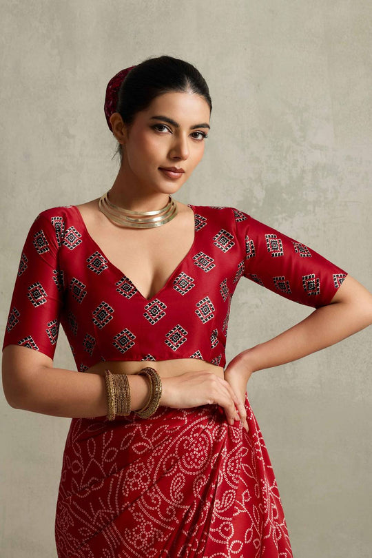 Celeste Red Satin Saree with Bandhani Print Ready to Wear One Minute Saree
