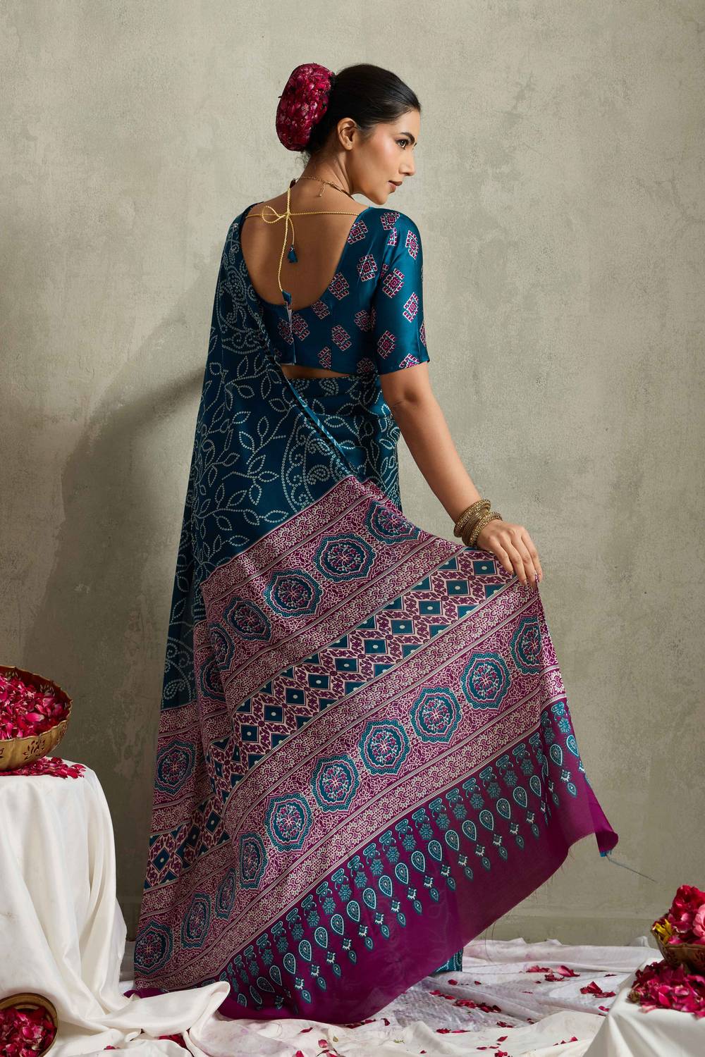 Cleo Turquoise Satin Saree with Bandhani Print Ready to Wear One Minute Saree