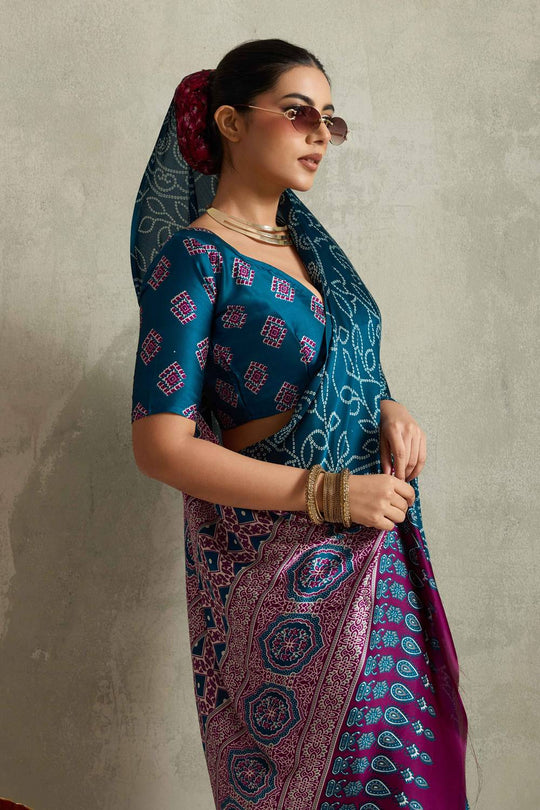 Cleo Turquoise Satin Saree with Bandhani Print Ready to Wear One Minute Saree