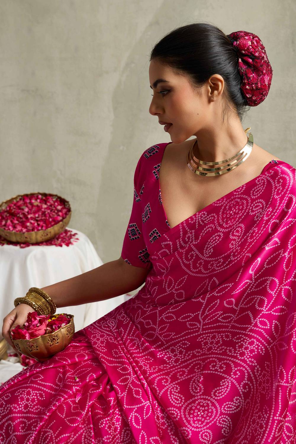 Coral Pink Satin Saree with Bandhani Print Ready to Wear One Minute Saree
