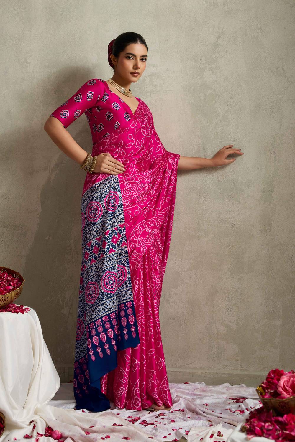 Coral Pink Satin Saree with Bandhani Print Ready to Wear One Minute Saree