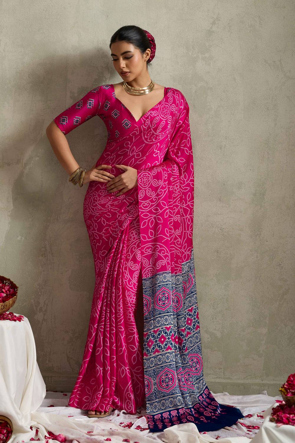 Coral Pink Satin Saree with Bandhani Print Ready to Wear One Minute Saree