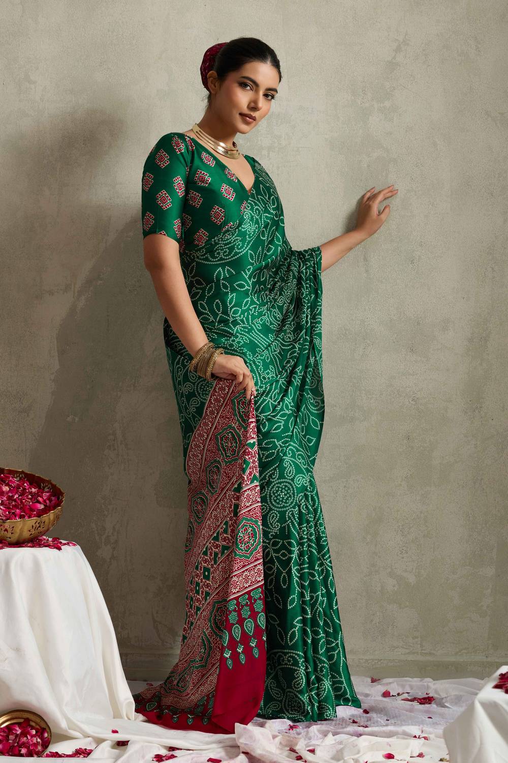 Eden Green Satin Saree with Bandhani Print Ready to Wear One Minute Saree