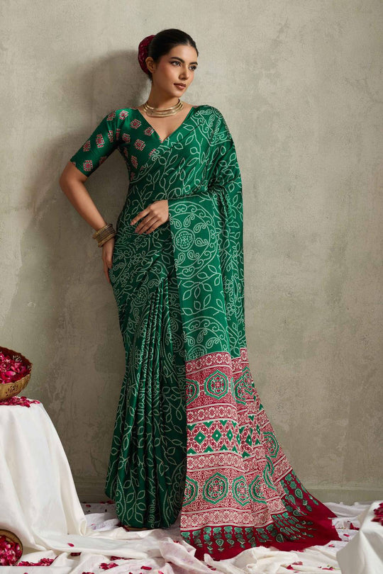 Eden Green Satin Saree with Bandhani Print Ready to Wear One Minute Saree