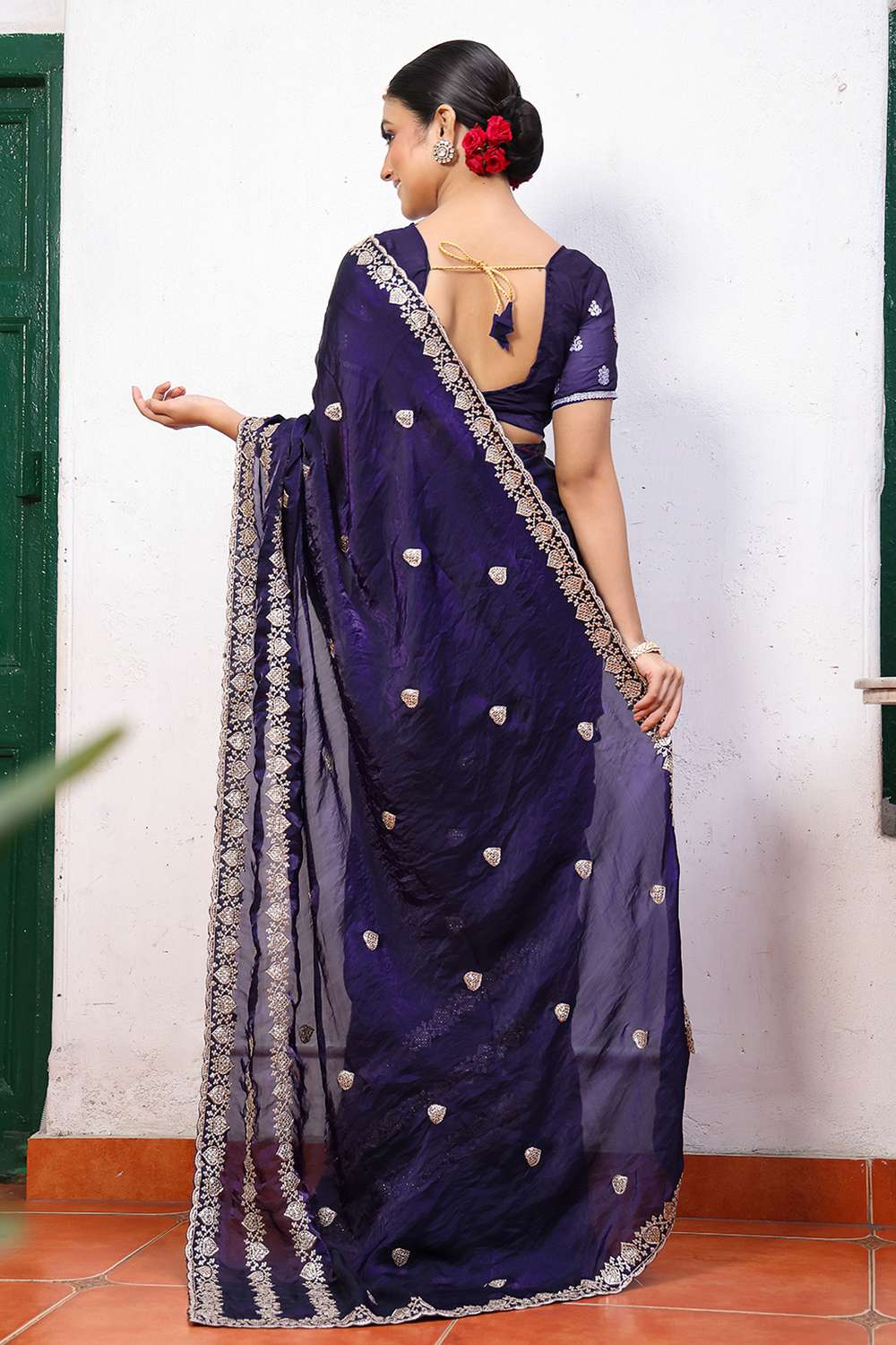 Halle Blue Tissue Saree with Embroidered Border Ready to Wear One Minute Saree