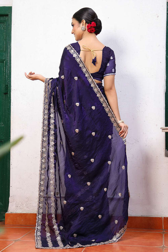 Halle Blue Tissue Saree with Embroidered Border Ready to Wear One Minute Saree