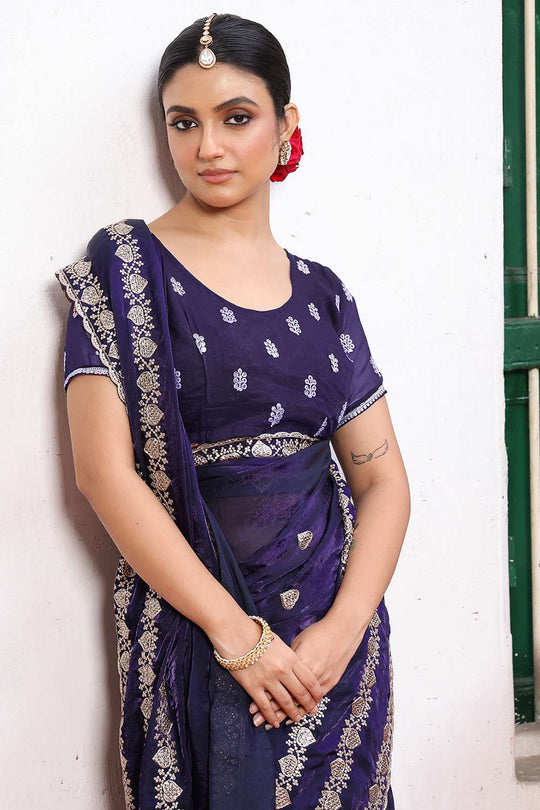 Halle Blue Tissue Saree with Embroidered Border Ready to Wear One Minute Saree