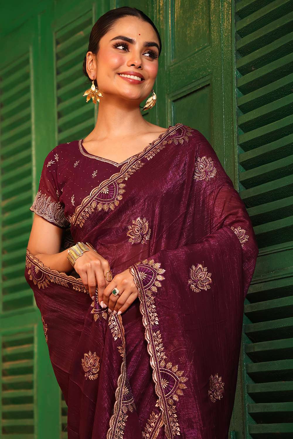 Lena Wine Chiffon Saree with Embroidered Border Ready to Wear One Minute Saree