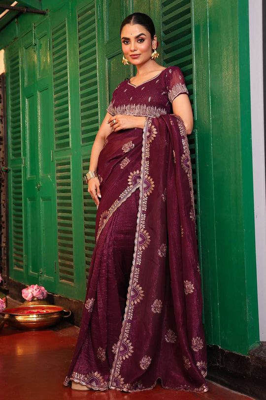 Lena Wine Chiffon Saree with Embroidered Border Ready to Wear One Minute Saree