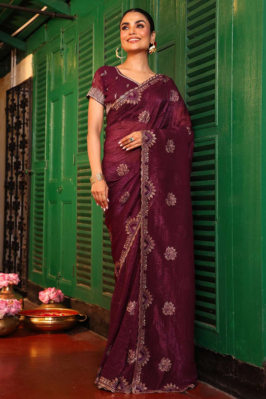 Lena Wine Chiffon Saree with Embroidered Border Ready to Wear One Minute Saree