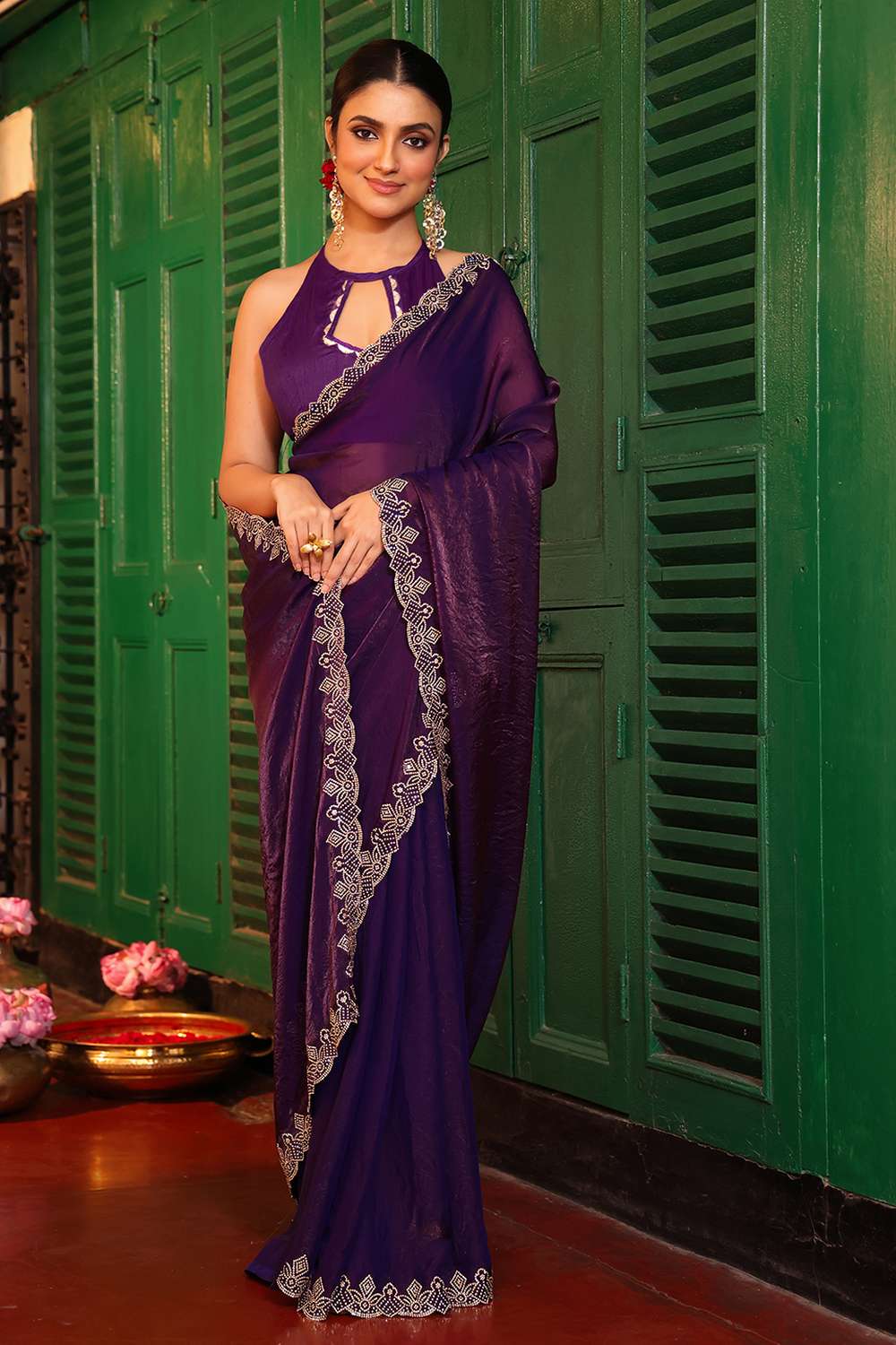 Violet Tissue Saree with Embroidered Border Ready to Wear One Minute Saree