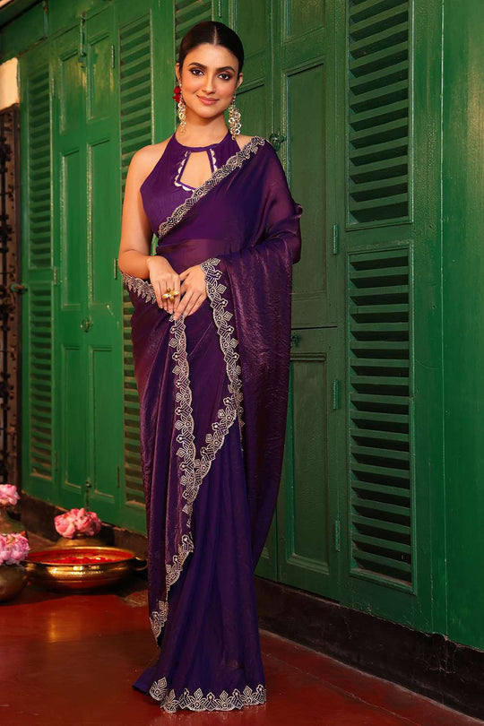 Violet Tissue Saree with Embroidered Border Ready to Wear One Minute Saree