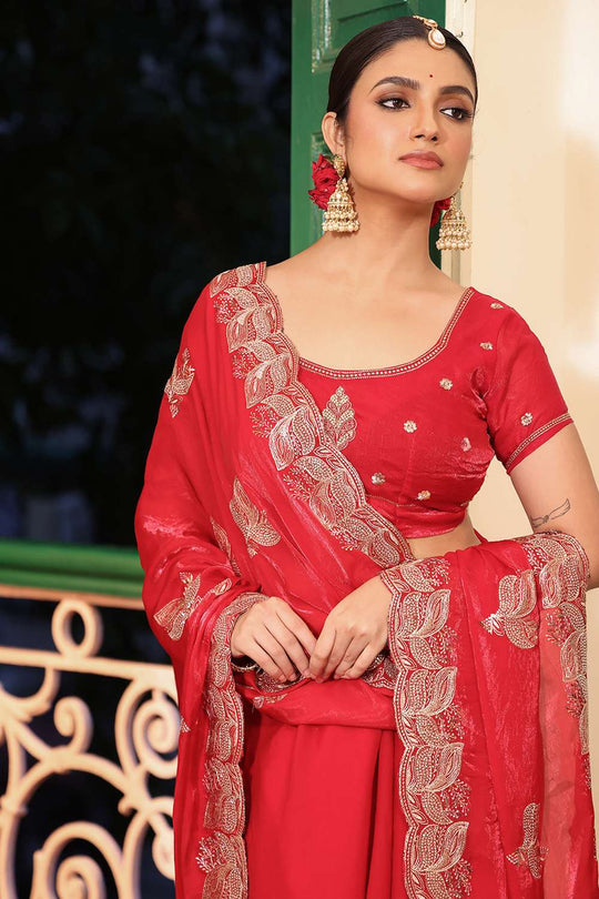 Misha Red Tissue Saree with Embroidery Work Ready to Wear One Minute Saree